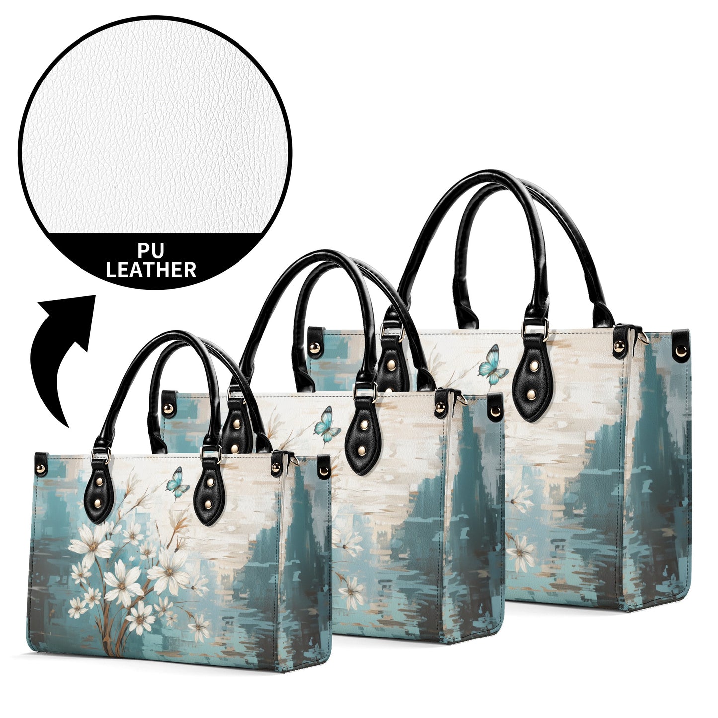 Rustic Farmhouse White and Teal Wild Daisies and Butterflies Leather Handbag (PU) - 3 Sizes