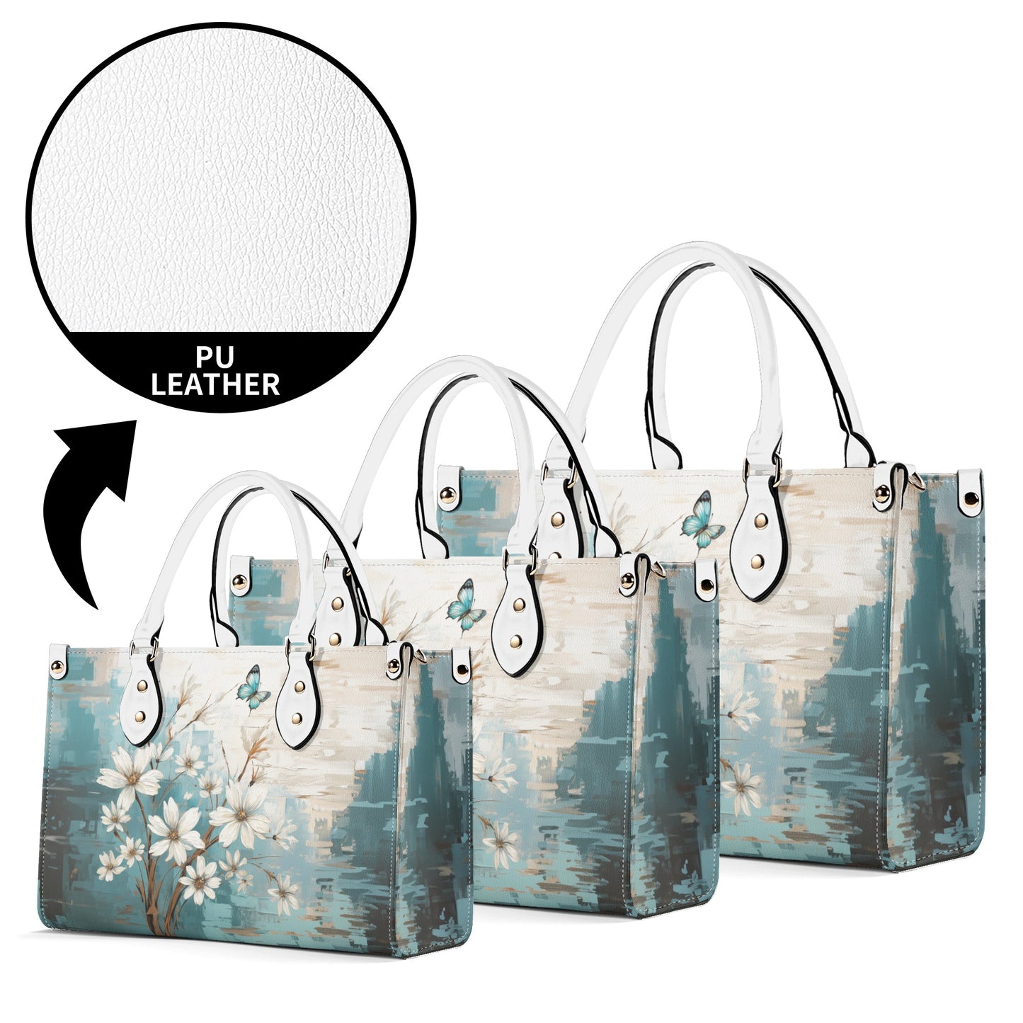 Rustic Farmhouse White and Teal Wild Daisies and Butterflies Leather Handbag (PU) - 3 Sizes