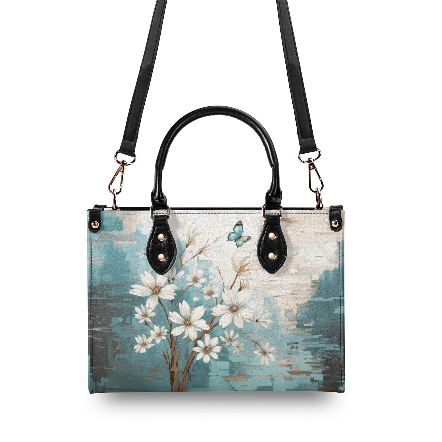 Rustic Farmhouse White and Teal Wild Daisies and Butterflies Leather Handbag (PU) - 3 Sizes