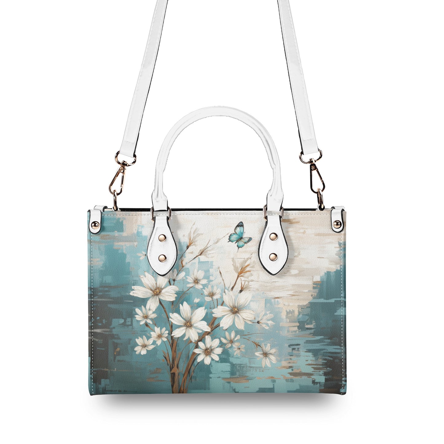 Rustic Farmhouse White and Teal Wild Daisies and Butterflies Leather Handbag (PU) - 3 Sizes