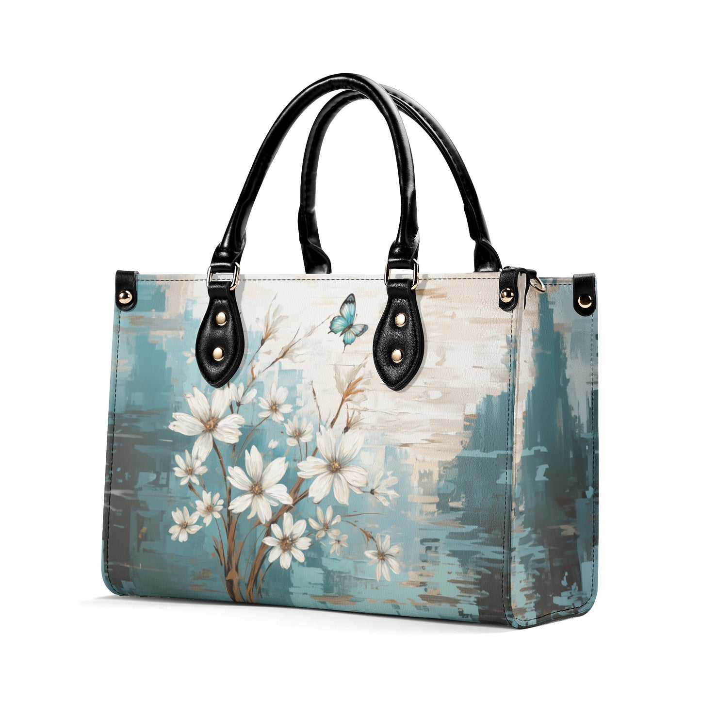 Rustic Farmhouse White and Teal Wild Daisies and Butterflies Leather Handbag (PU) - 3 Sizes