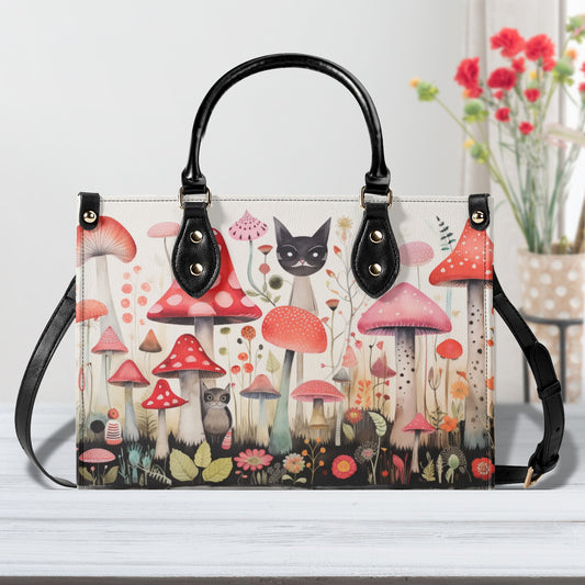 Cats Prowling Amongst the Mushroom Garden, Playfully Peering Over the Caps Leather Handbag (PU) - 3 Sizes