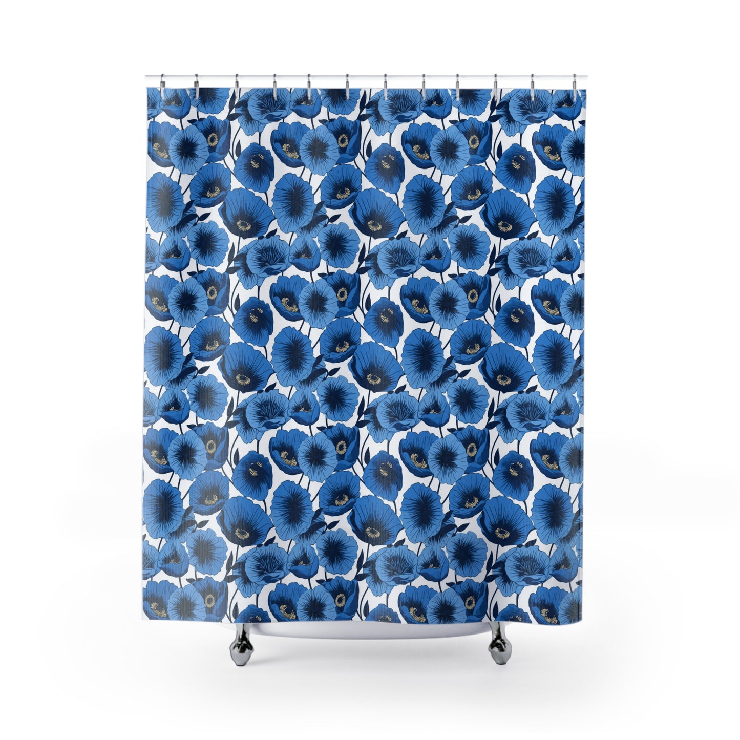 Vivid Blooms Bright Blue Poppies Design Bathroom Shower Curtain   71" × 74"