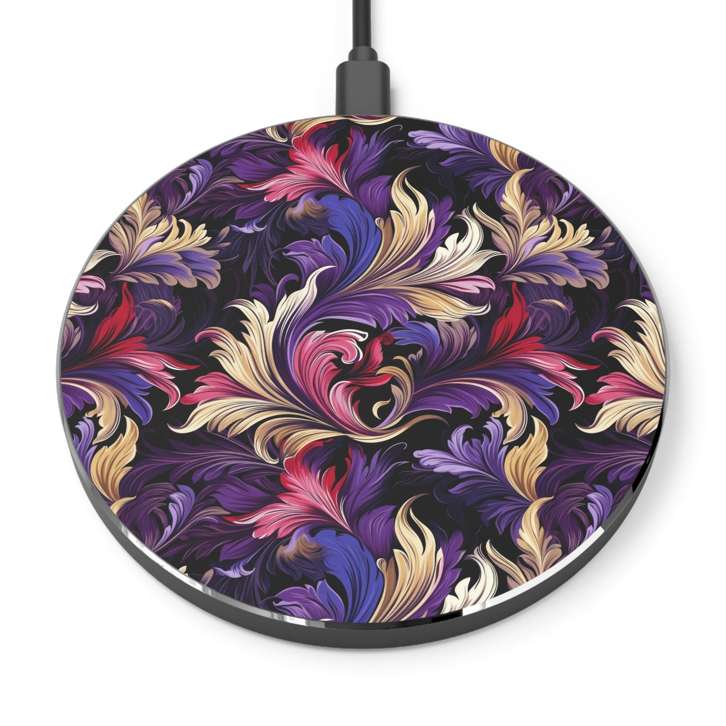 Purple, Gold & Pink Floral Swirls of Foliage Design Wireless Cell Phone 10W Charger