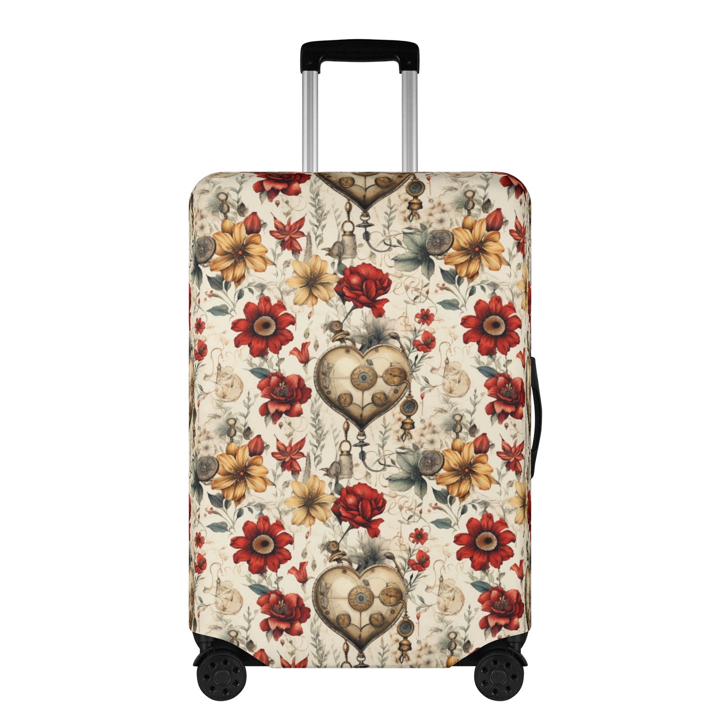 Victorian Steampunk Gold and Red Flowers with Gears and Mechanical Heart Elements  - Luggage Protector and Cover 3 Sizes