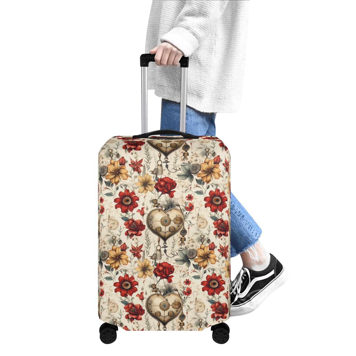 Victorian Steampunk Gold and Red Flowers with Gears and Mechanical Heart Elements  - Luggage Protector and Cover 3 Sizes