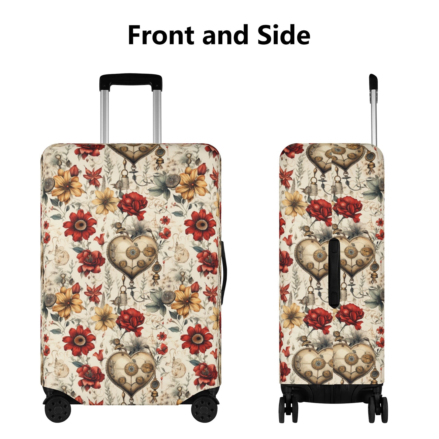 Victorian Steampunk Gold and Red Flowers with Gears and Mechanical Heart Elements  - Luggage Protector and Cover 3 Sizes