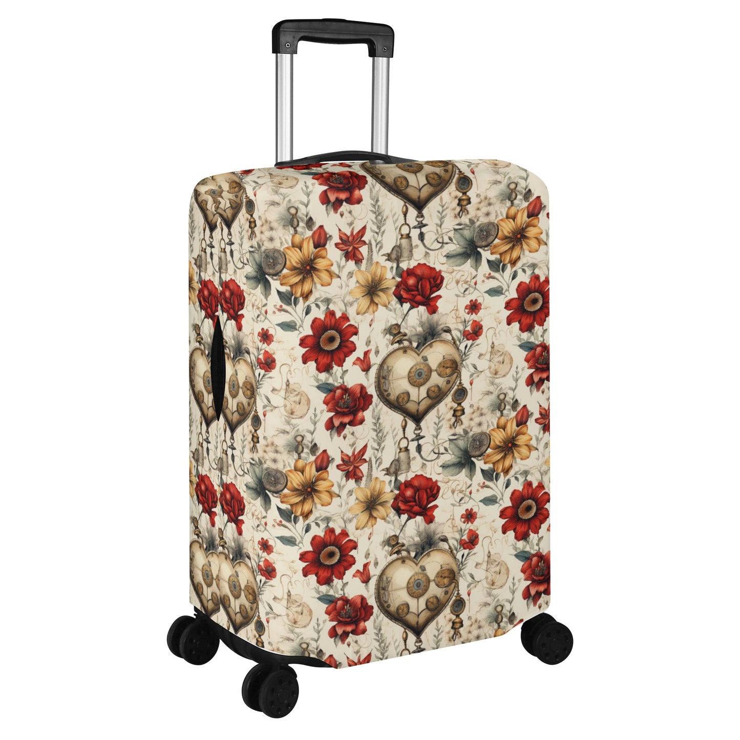 Victorian Steampunk Gold and Red Flowers with Gears and Mechanical Heart Elements  - Luggage Protector and Cover 3 Sizes