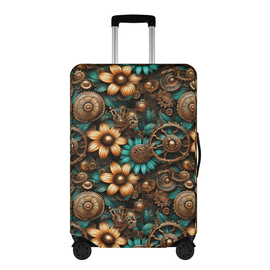 Victorian Steampunk Cream and Teal Flowers with Gears and Mechanical Elements  - Luggage Protector and Cover 3 Sizes