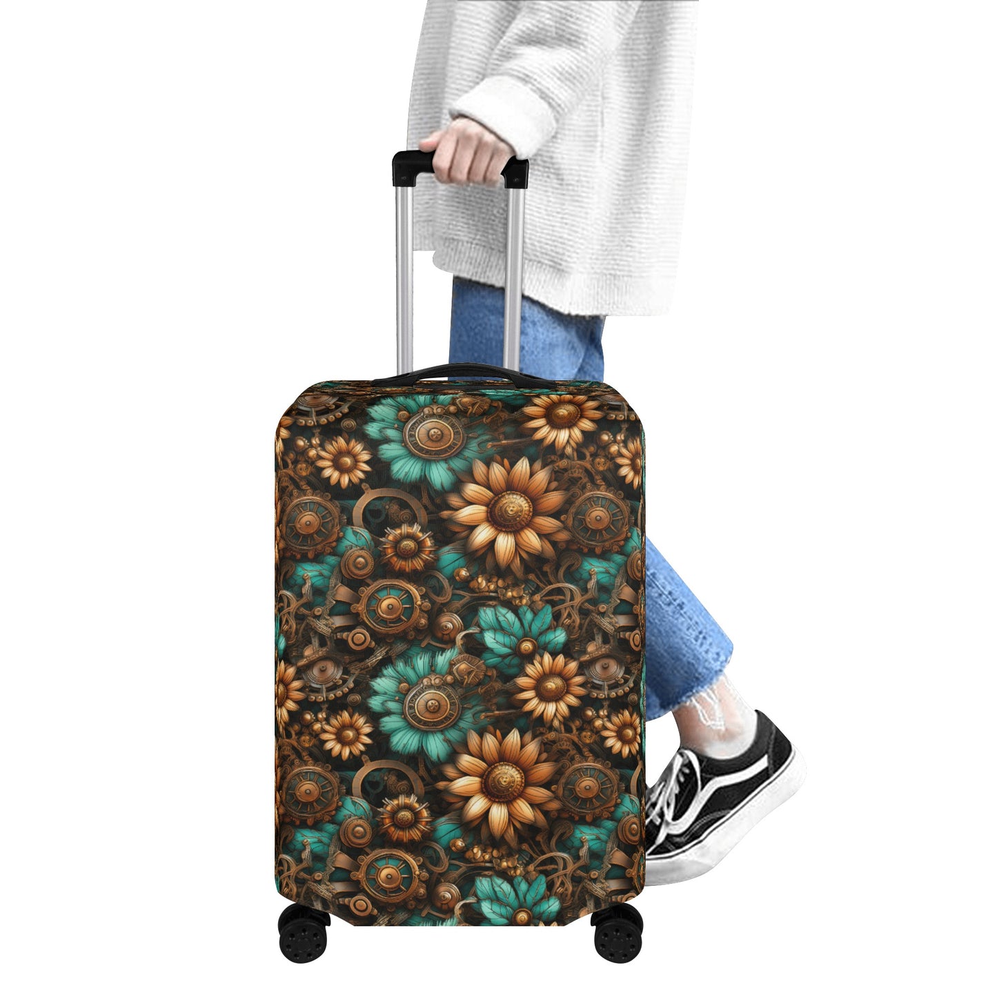 Victorian Steampunk Cream and Gold Flowers with Gears and Mechanical Elements  - Luggage Protector and Cover 3 Sizes