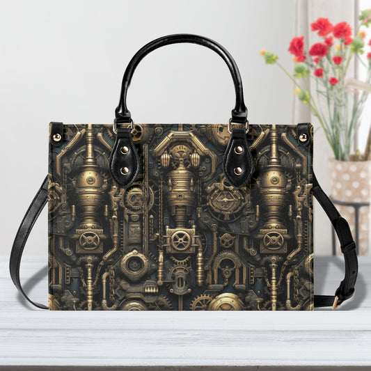 Steampunk Gold Gears and Mechanical Elements Leather Handbag (PU) - 3 Sizes