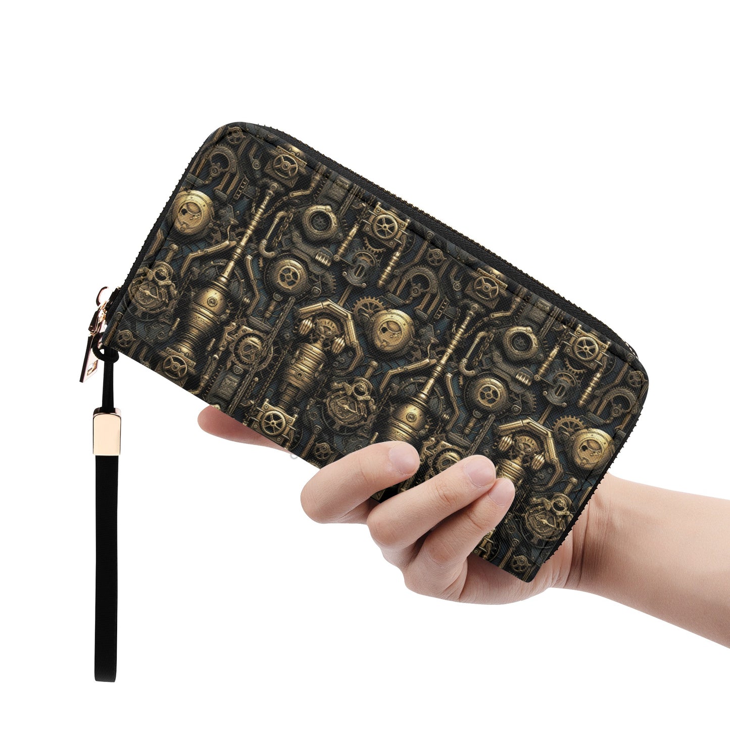 Steampunk Gold Gears and Mechanical Elements - Wristlet Wallet Leather (PU)