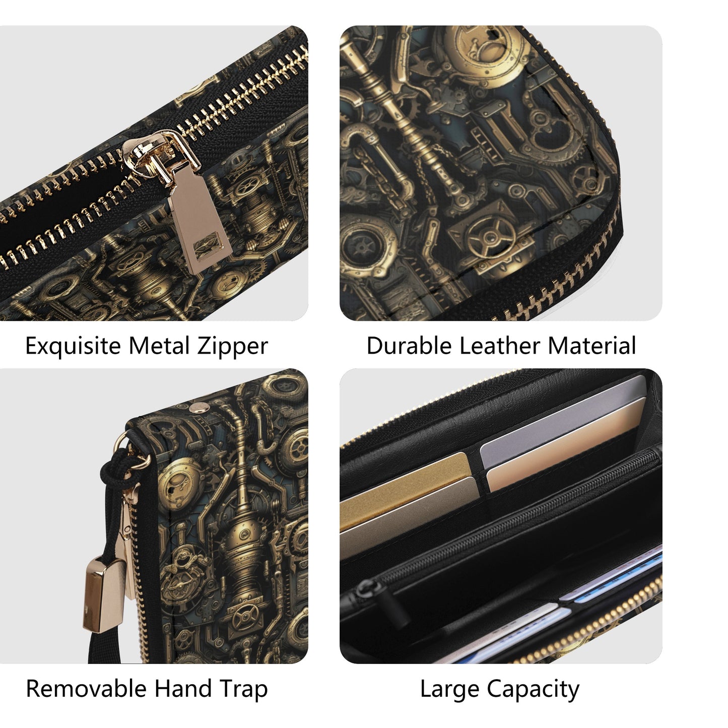 Steampunk Gold Gears and Mechanical Elements - Wristlet Wallet Leather (PU)