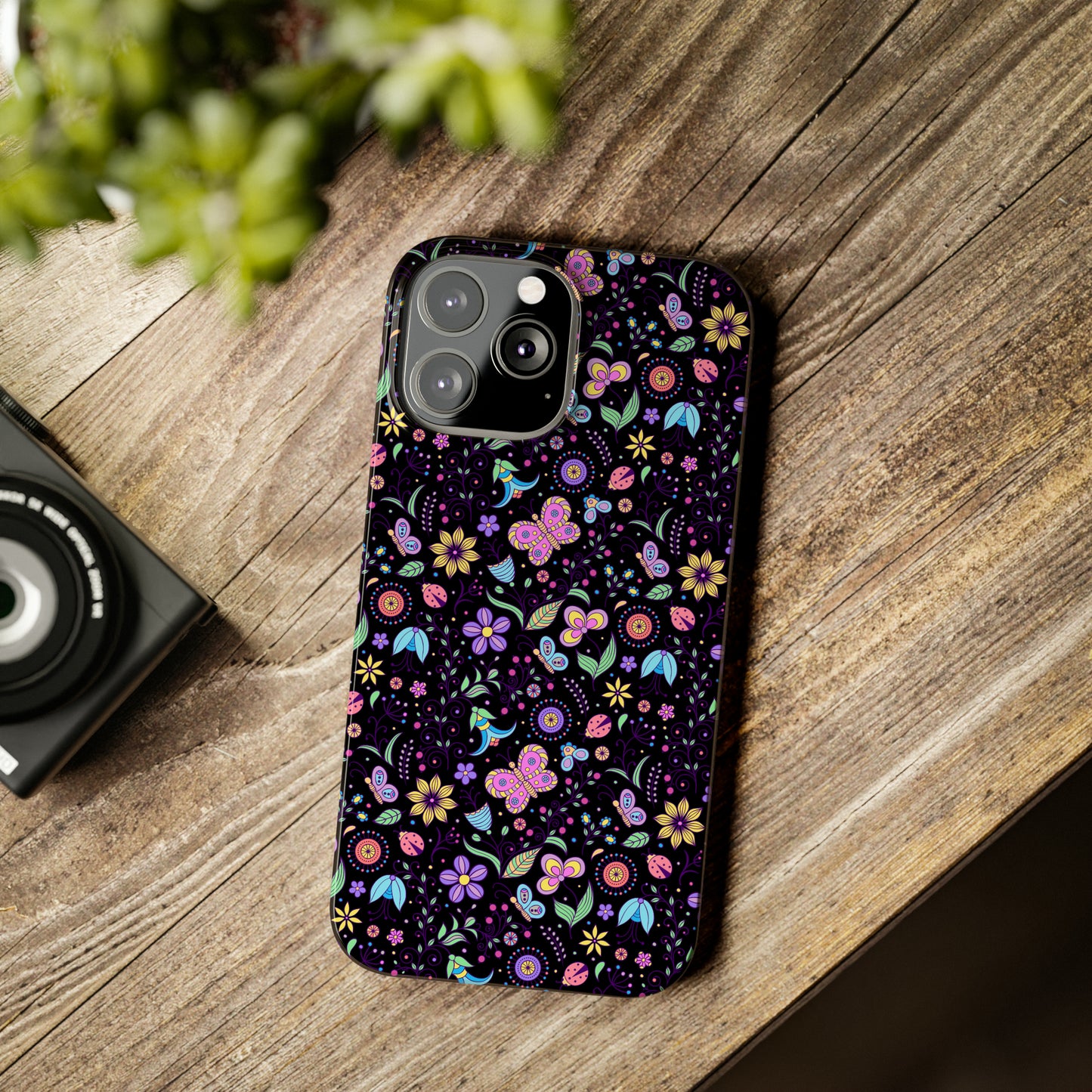 Butterflies and Flowers Black Background Iphone 15-12 Slim Phone Case