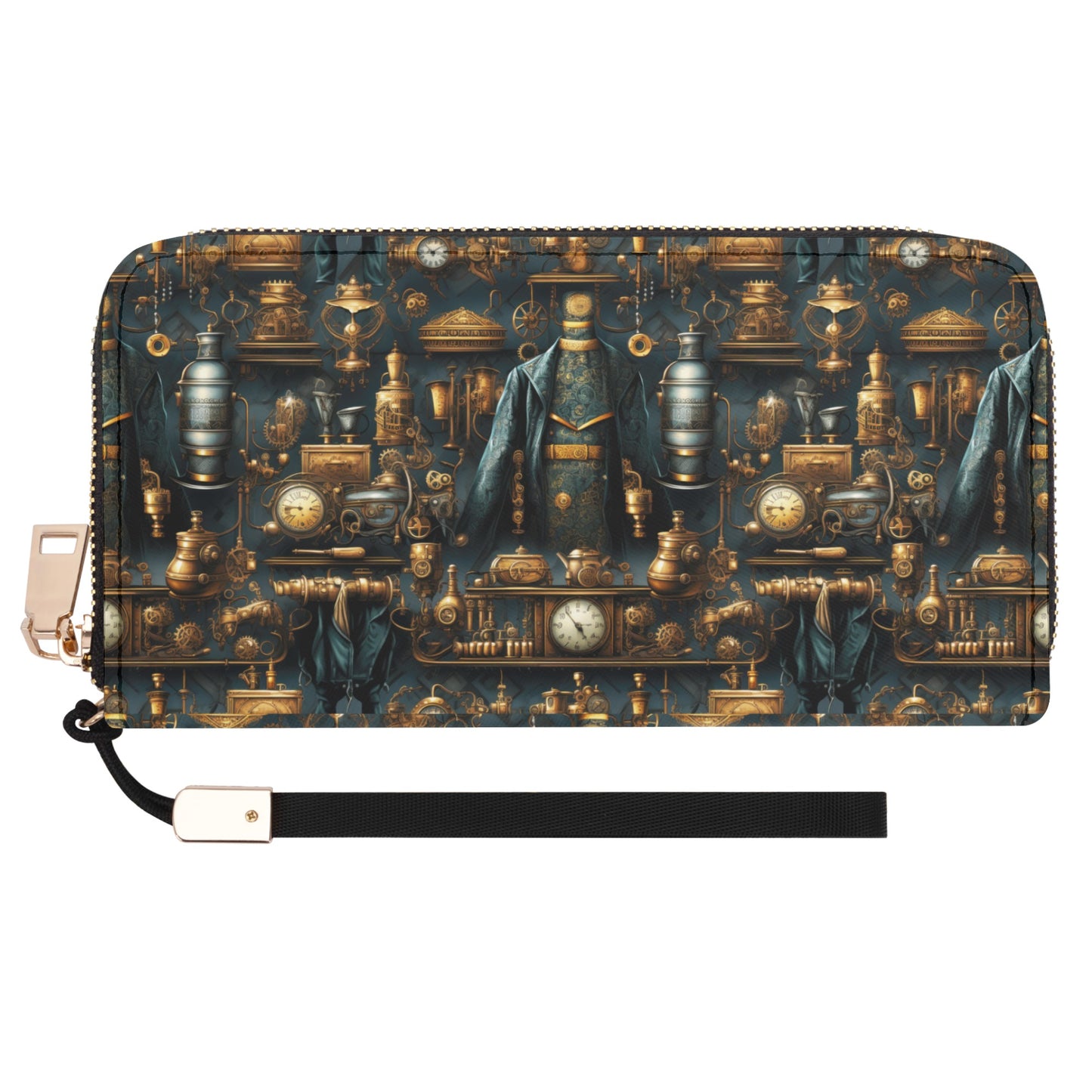Steampunk Victorian Design with Gears and Mechanical Elements - Wristlet Wallet Leather (PU)