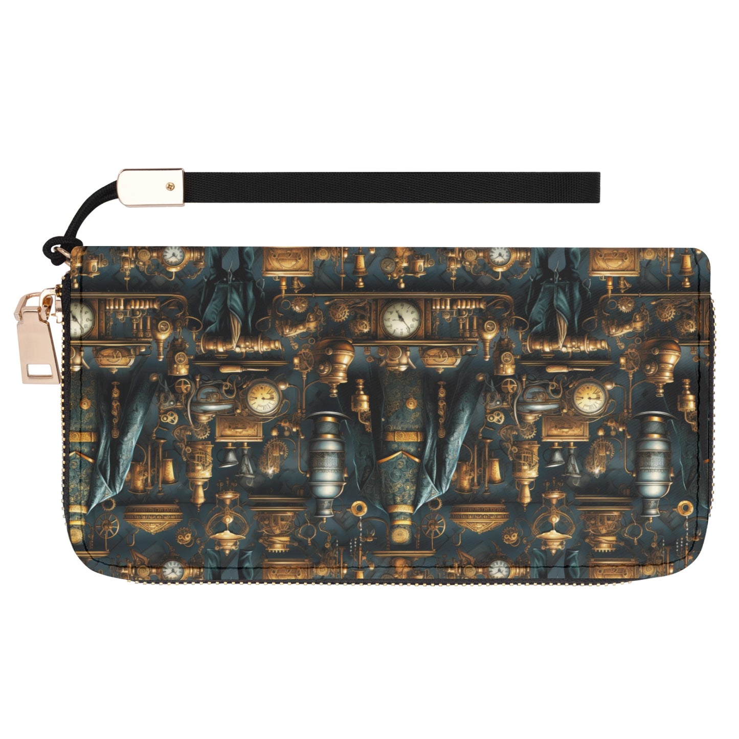 Steampunk Victorian Design with Gears and Mechanical Elements - Wristlet Wallet Leather (PU)
