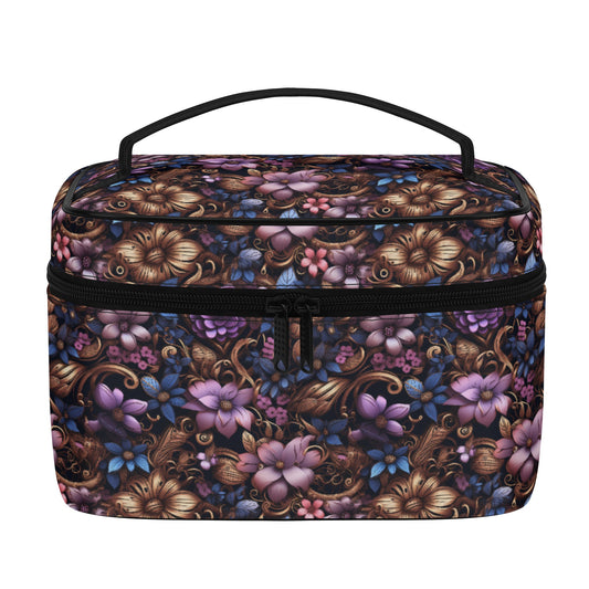 Steampunk Purple and Blue Flowers with Filigree and Gears and Mechanical Elements - Cosmetic or Toiletry Bag Faux Leather (PU)