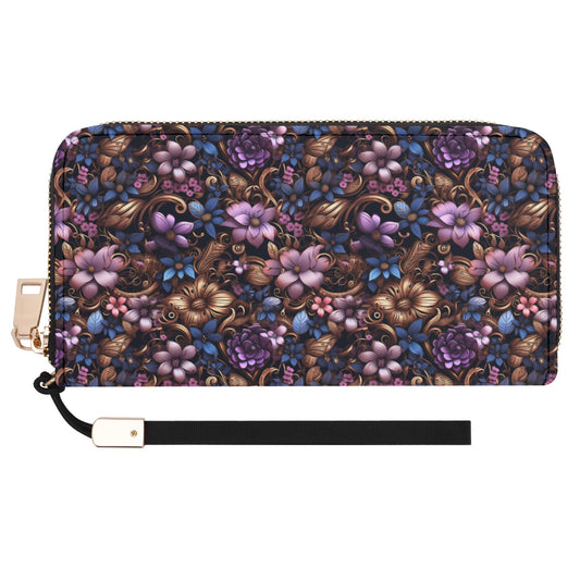 Steampunk Purple and Blue Flowers with Filigree and Gears and Mechanical Elements - Wristlet Wallet Leather (PU)