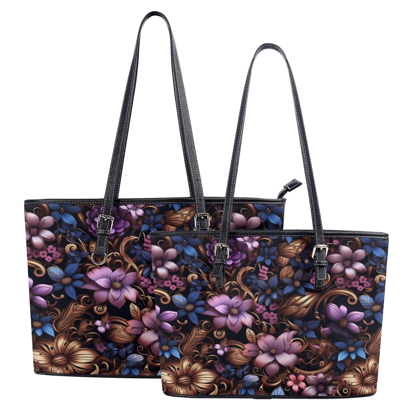 Steampunk Purple and Blue Flowers with Filigree and Gears and Mechanical Elements Professional Tote Bag Faux Leather (PU) - 2 Sizes