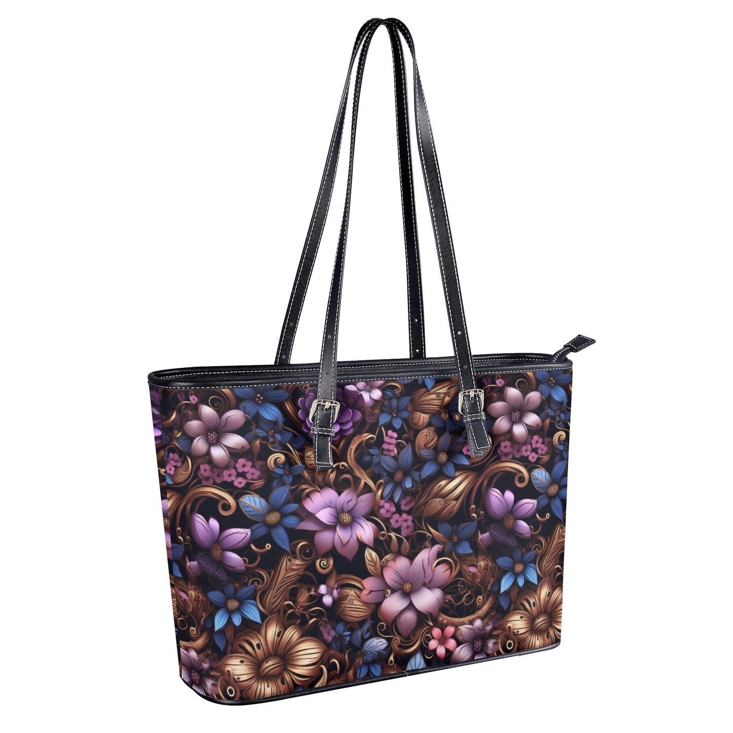 Steampunk Purple and Blue Flowers with Filigree and Gears and Mechanical Elements Professional Tote Bag Faux Leather (PU) - 2 Sizes