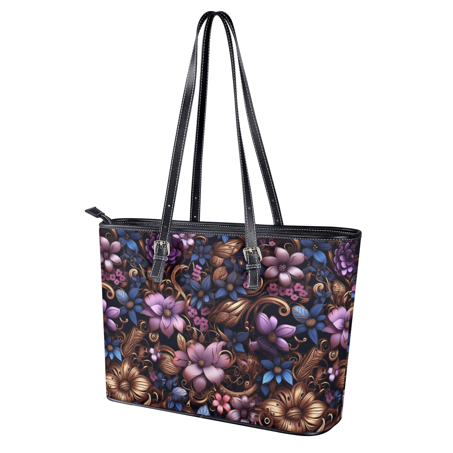 Steampunk Purple and Blue Flowers with Filigree and Gears and Mechanical Elements Professional Tote Bag Faux Leather (PU) - 2 Sizes