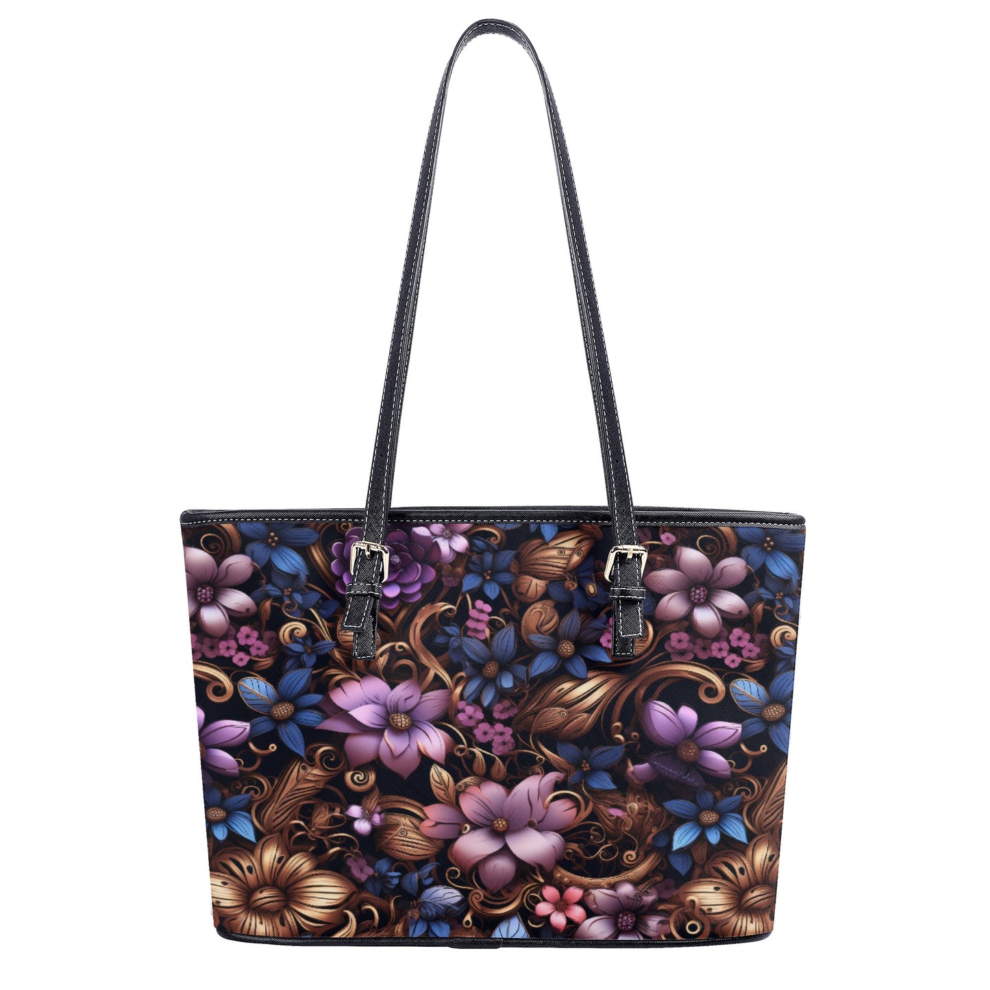 Steampunk Purple and Blue Flowers with Filigree and Gears and Mechanical Elements Professional Tote Bag Faux Leather (PU) - 2 Sizes