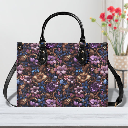 Steampunk Purple and Blue Flowers with Filigree and Gears and Mechanical Elements Leather Handbag (PU) - 3 Sizes