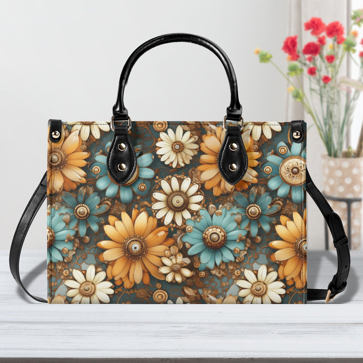 Victorian Steampunk Cream Gold and Teal Flowers with Gears and Mechanical Elements Leather Handbag (PU) - 3 Sizes