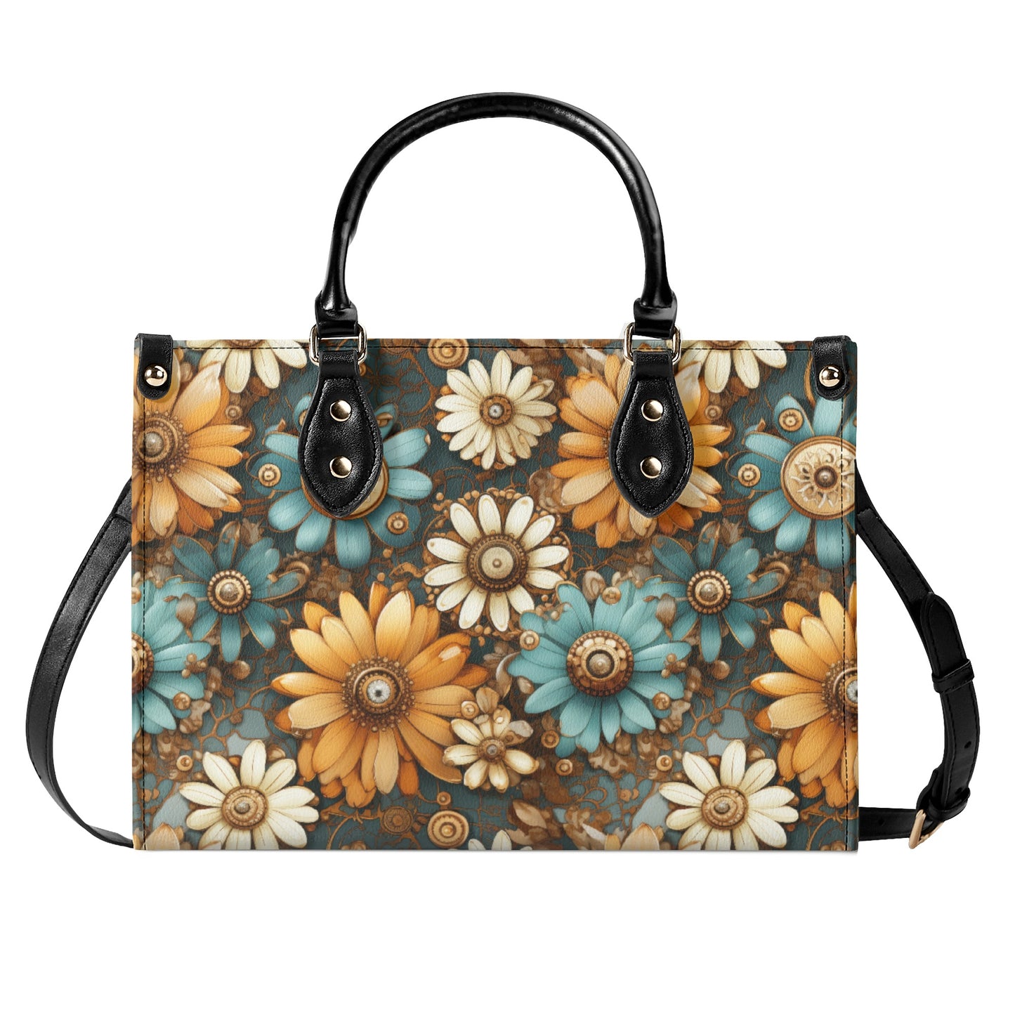 Victorian Steampunk Cream Gold and Teal Flowers with Gears and Mechanical Elements Leather Handbag (PU) - 3 Sizes