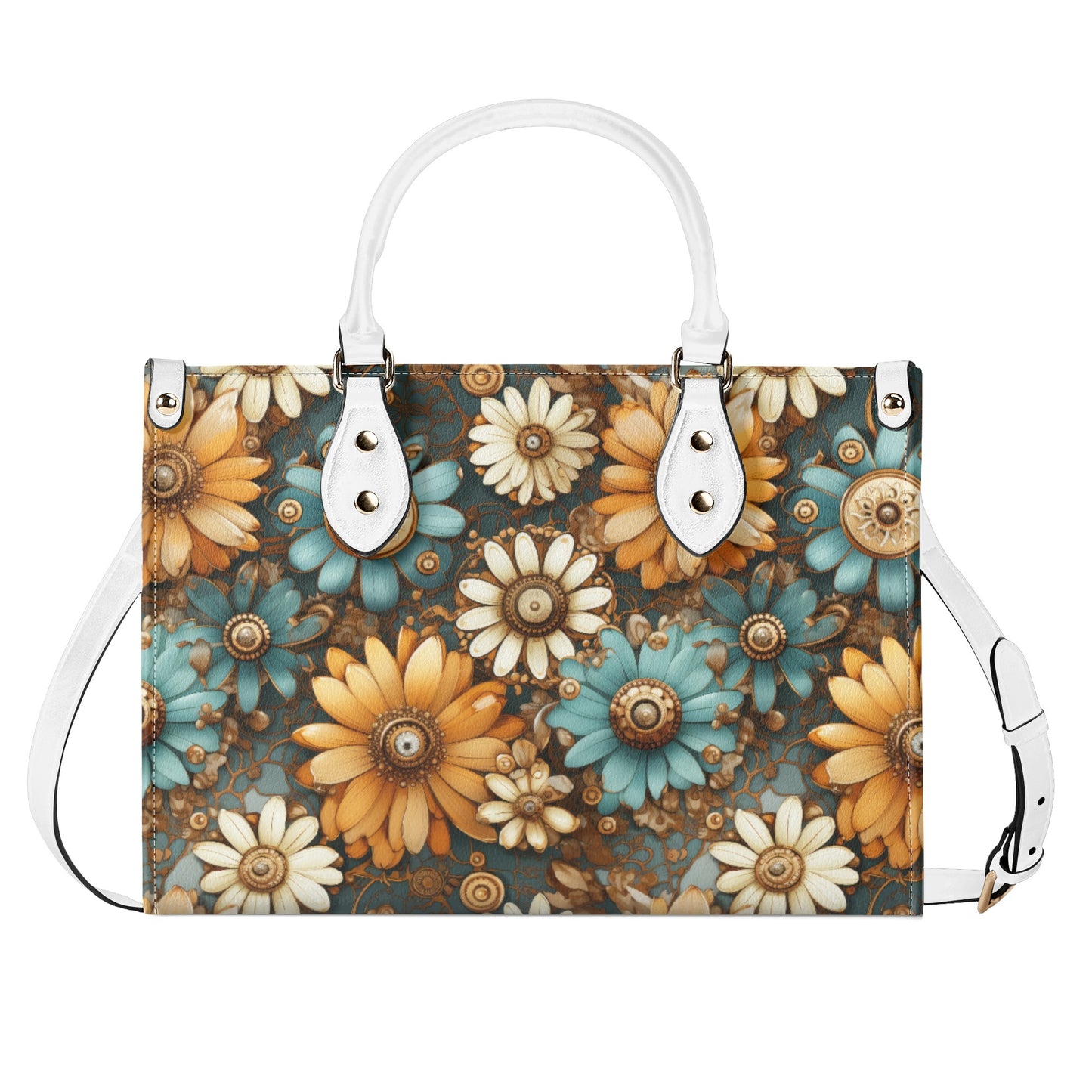 Victorian Steampunk Cream Gold and Teal Flowers with Gears and Mechanical Elements Leather Handbag (PU) - 3 Sizes