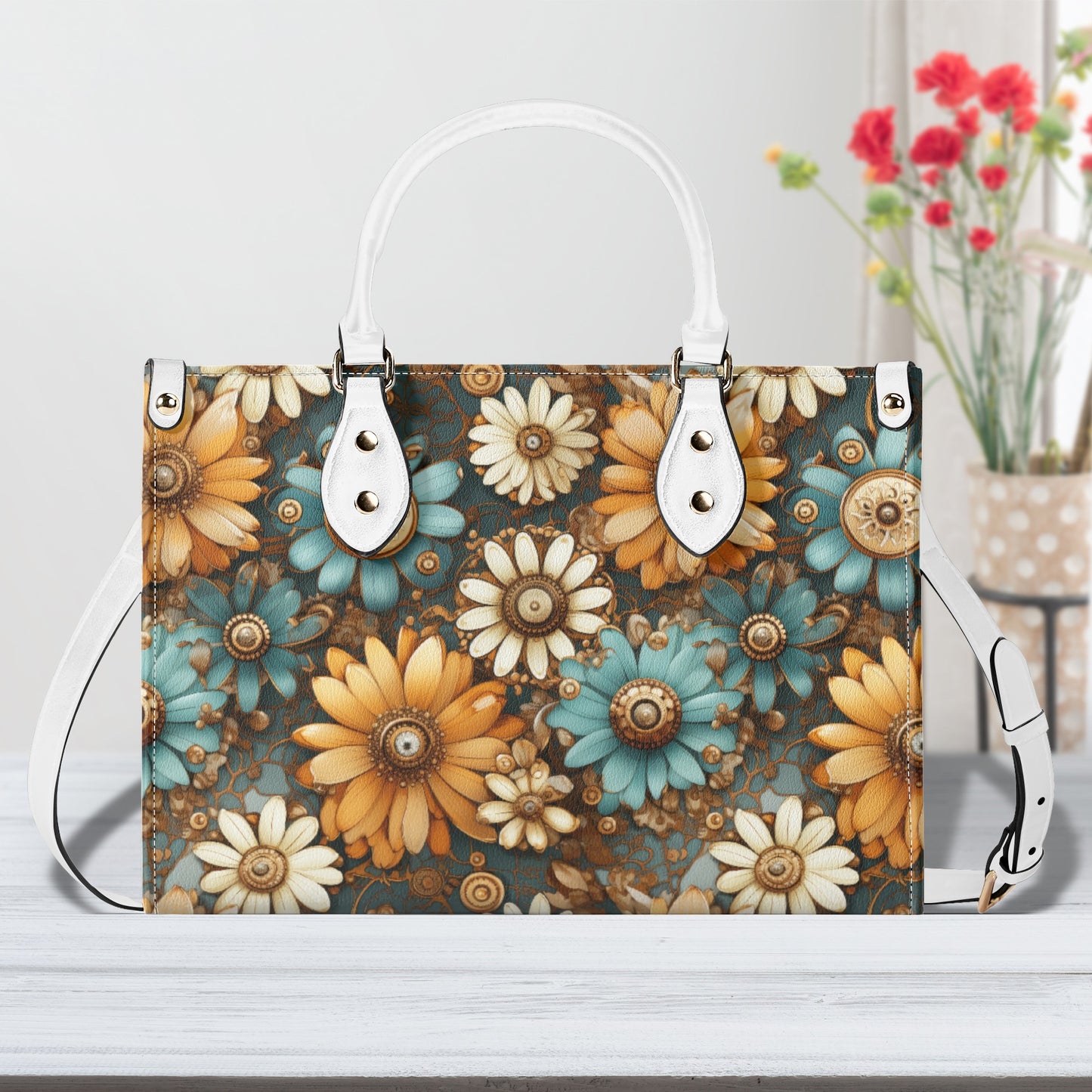 Victorian Steampunk Cream Gold and Teal Flowers with Gears and Mechanical Elements Leather Handbag (PU) - 3 Sizes