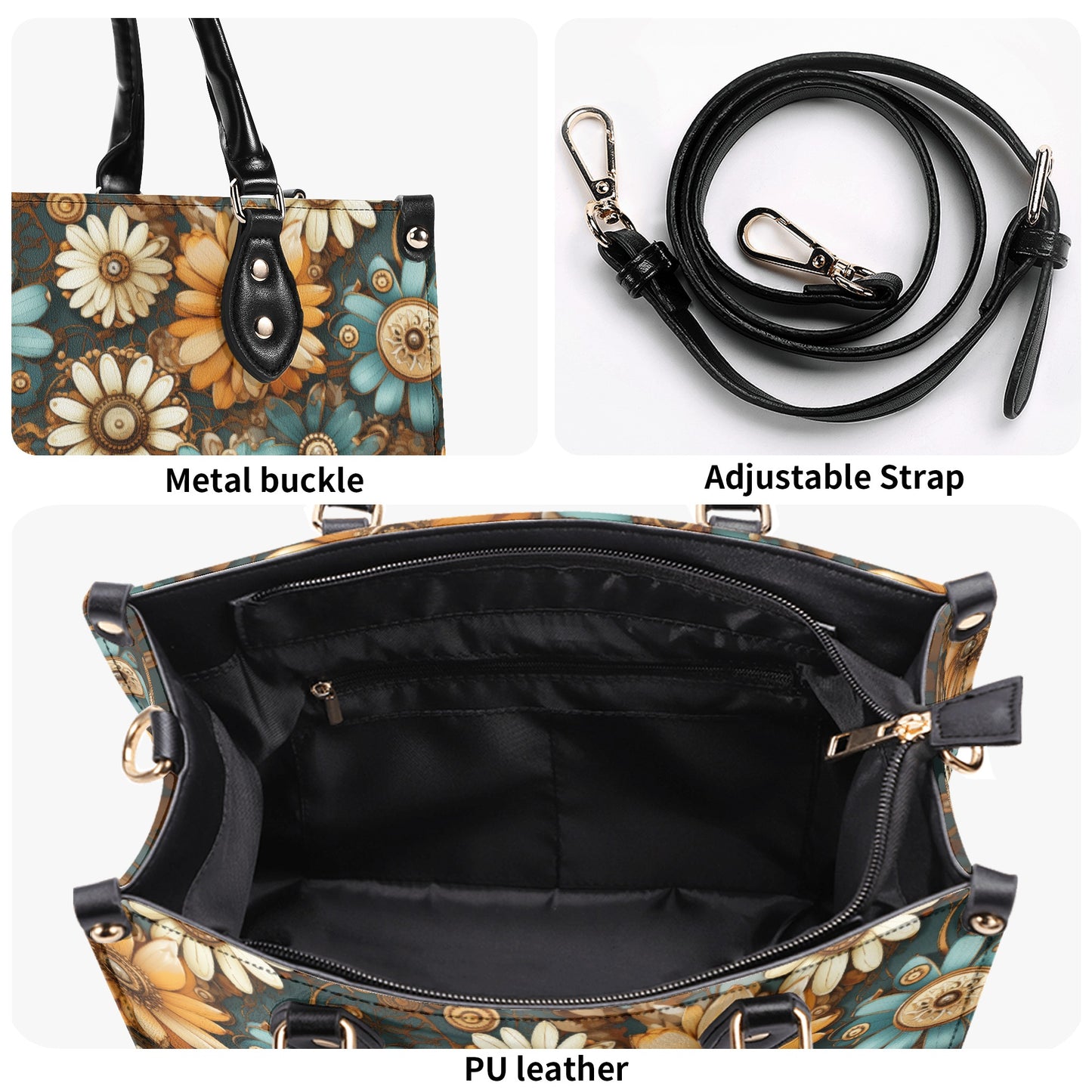 Victorian Steampunk Cream Gold and Teal Flowers with Gears and Mechanical Elements Leather Handbag (PU) - 3 Sizes