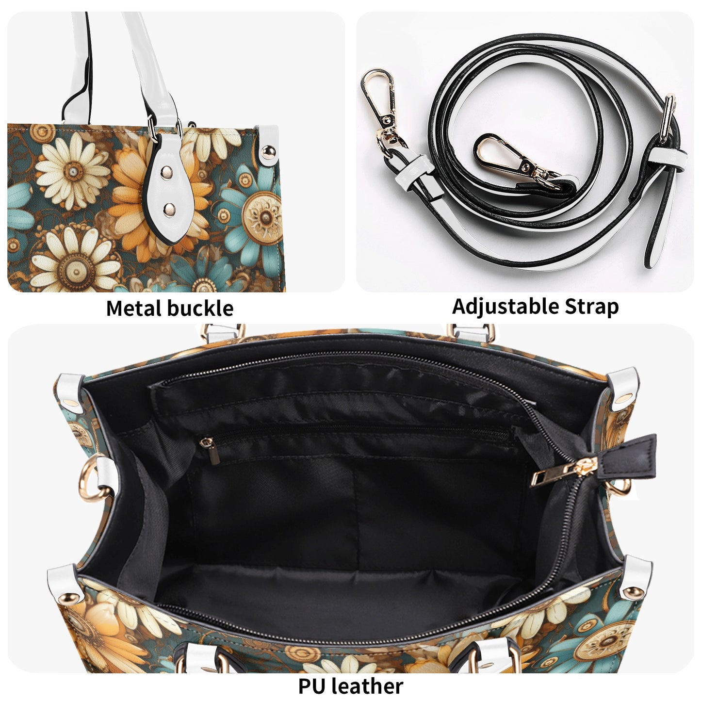 Victorian Steampunk Cream Gold and Teal Flowers with Gears and Mechanical Elements Leather Handbag (PU) - 3 Sizes