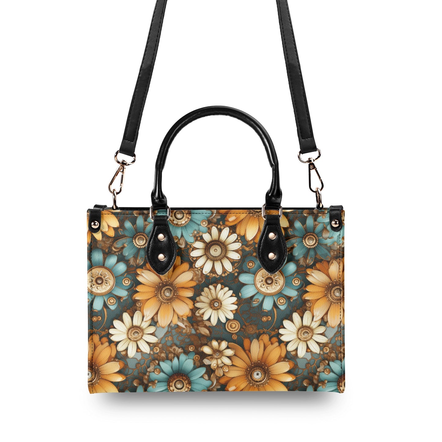 Victorian Steampunk Cream Gold and Teal Flowers with Gears and Mechanical Elements Leather Handbag (PU) - 3 Sizes