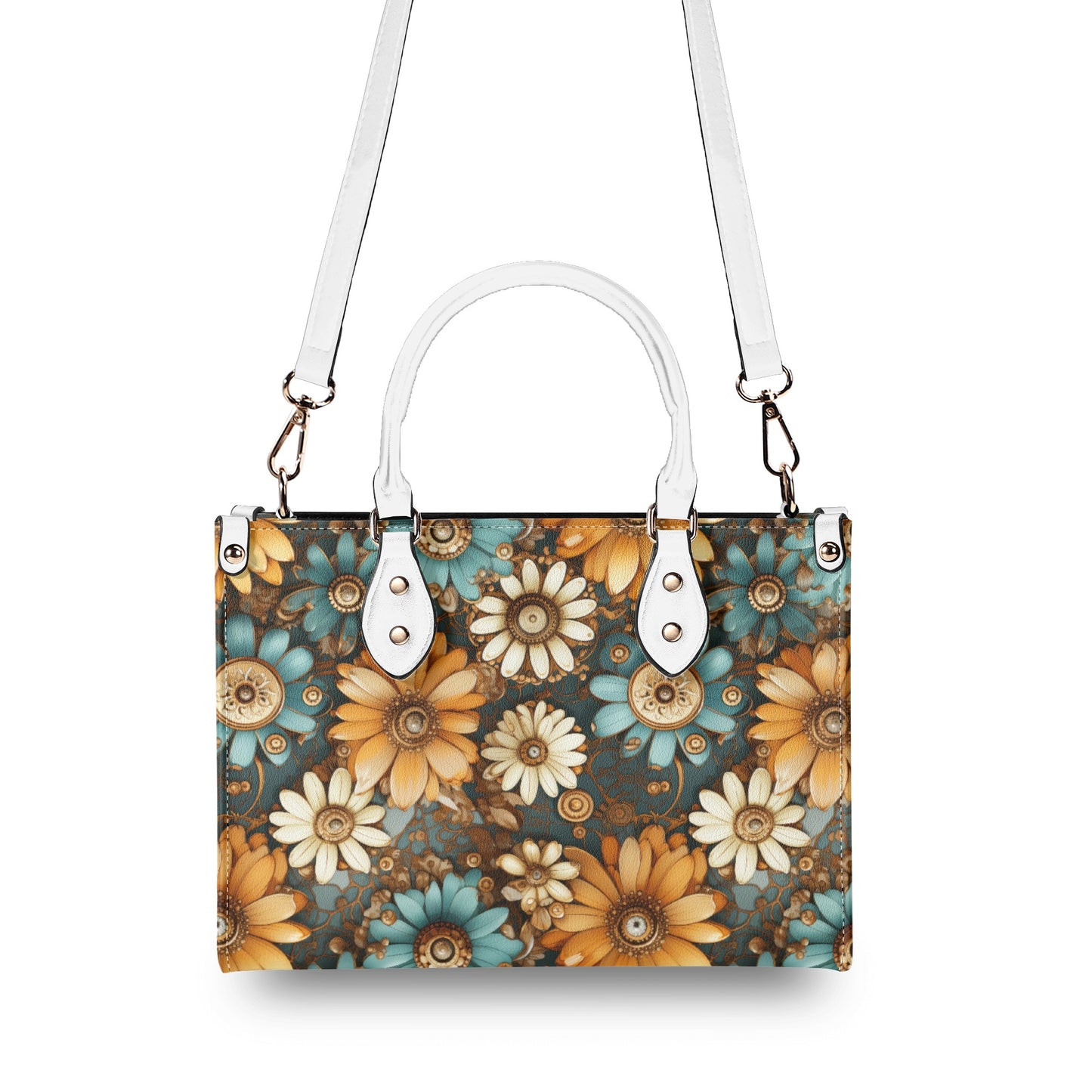 Victorian Steampunk Cream Gold and Teal Flowers with Gears and Mechanical Elements Leather Handbag (PU) - 3 Sizes