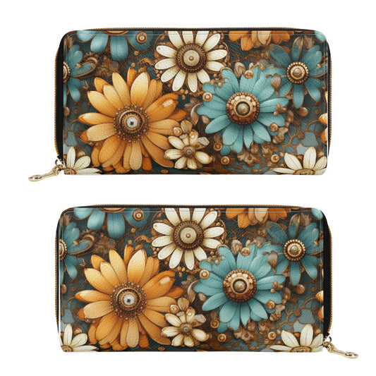 Victorian Steampunk Cream Gold and Teal Flowers with Gears Leather Wallet (PU)