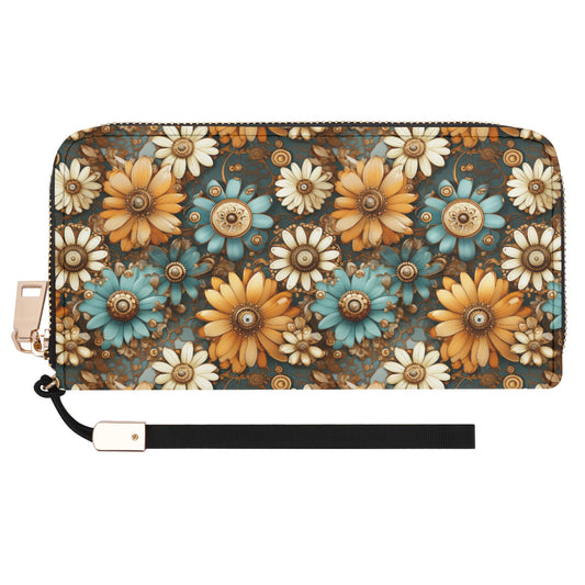 Victorian Steampunk Cream Gold and Teal Flowers with Gears - Wristlet Wallet Leather (PU)