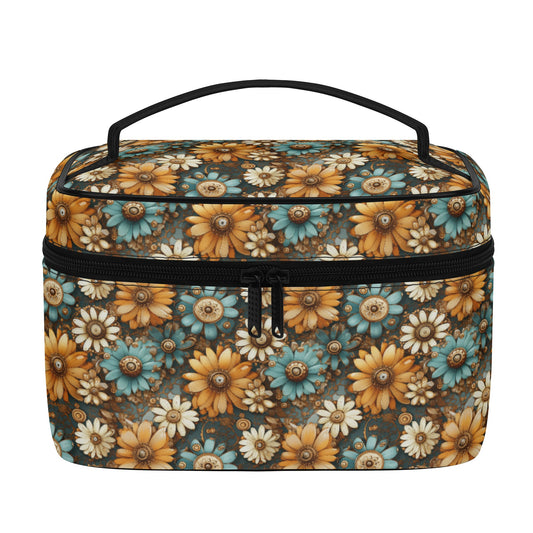 Victorian Steampunk Cream Gold and Teal Flowers with Gears - Cosmetic or Toiletry Bag Faux Leather (PU)