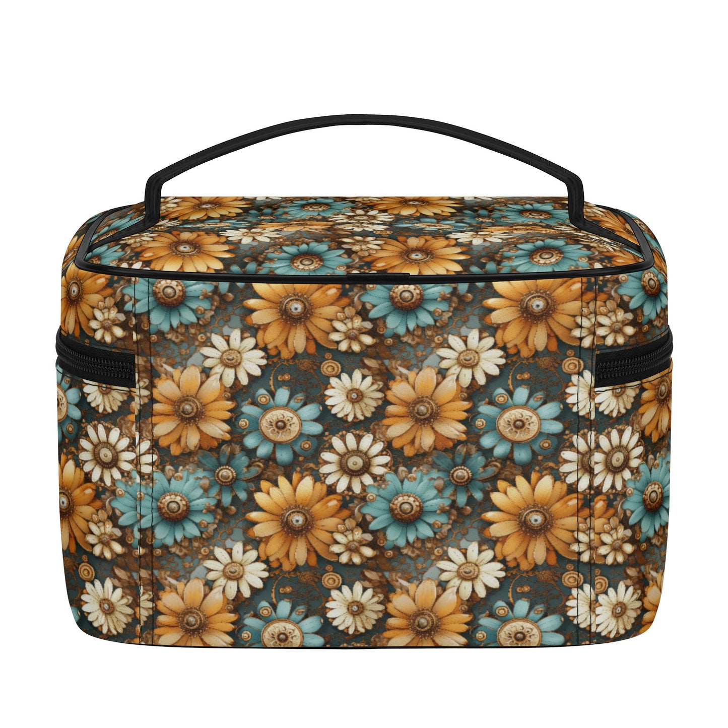 Victorian Steampunk Cream Gold and Teal Flowers with Gears - Cosmetic or Toiletry Bag Faux Leather (PU)