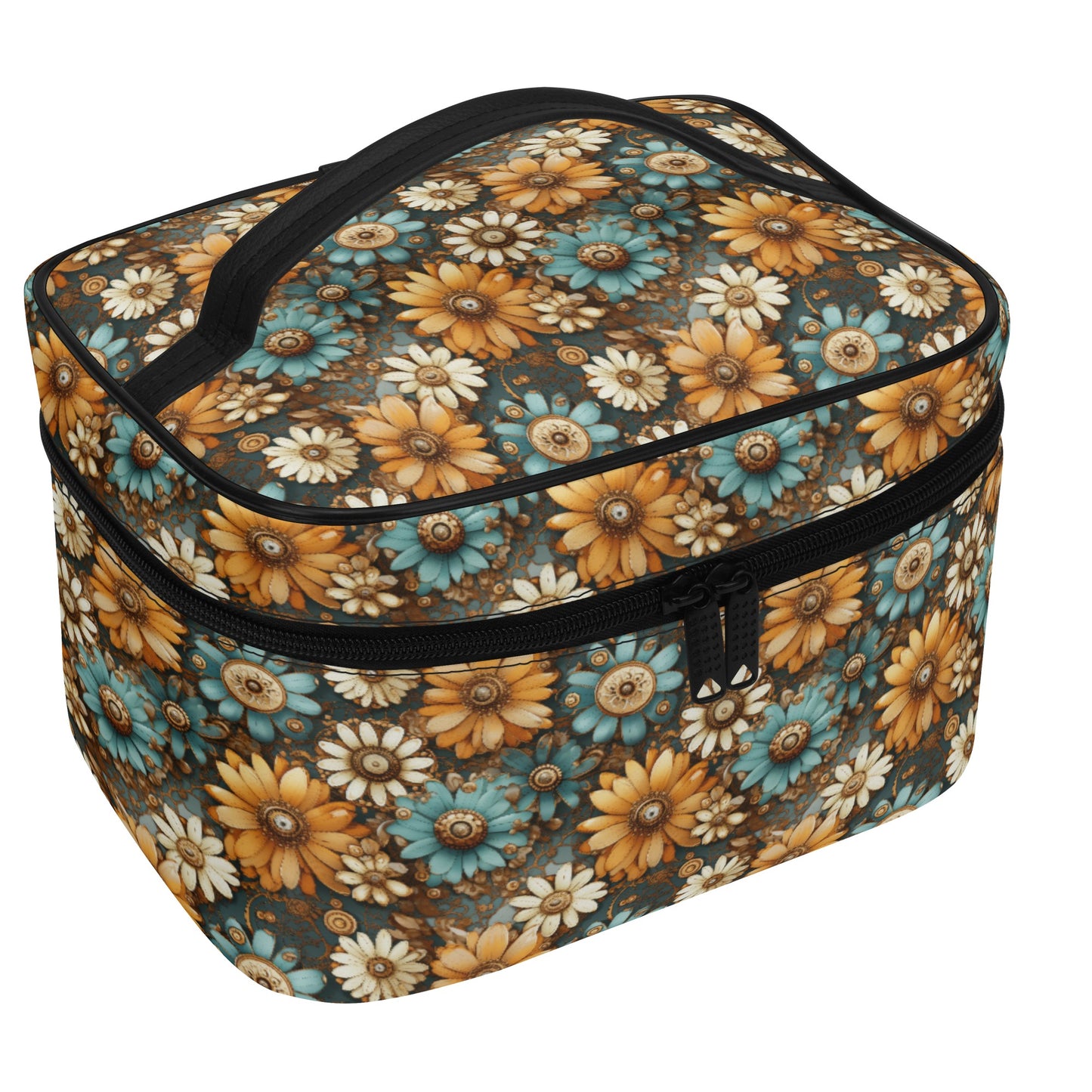 Victorian Steampunk Cream Gold and Teal Flowers with Gears - Cosmetic or Toiletry Bag Faux Leather (PU)