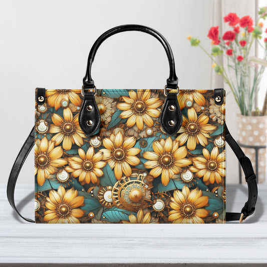 Victorian Steampunk Gold Flowers Teal Background with Gears and Mechanical Elements Leather Handbag (PU) - 3 Sizes