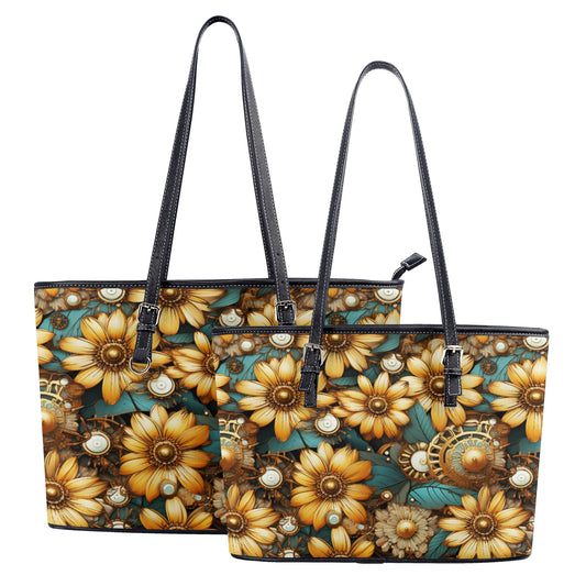 Victorian Steampunk Gold Flowers Teal Background with Gears and Mechanical Elements Professional Tote Bag Faux Leather (PU) - 2 Sizes