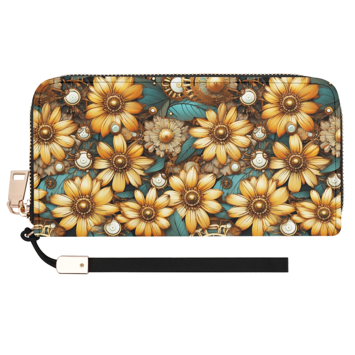 Victorian Steampunk Gold Flowers Teal Background with Gears and Mechanical Elements - Wristlet Wallet Leather (PU)