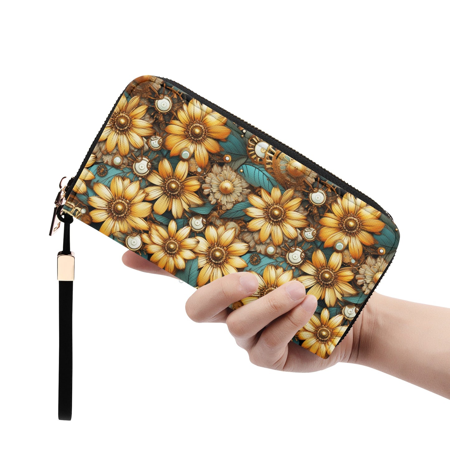 Victorian Steampunk Gold Flowers Teal Background with Gears and Mechanical Elements - Wristlet Wallet Leather (PU)