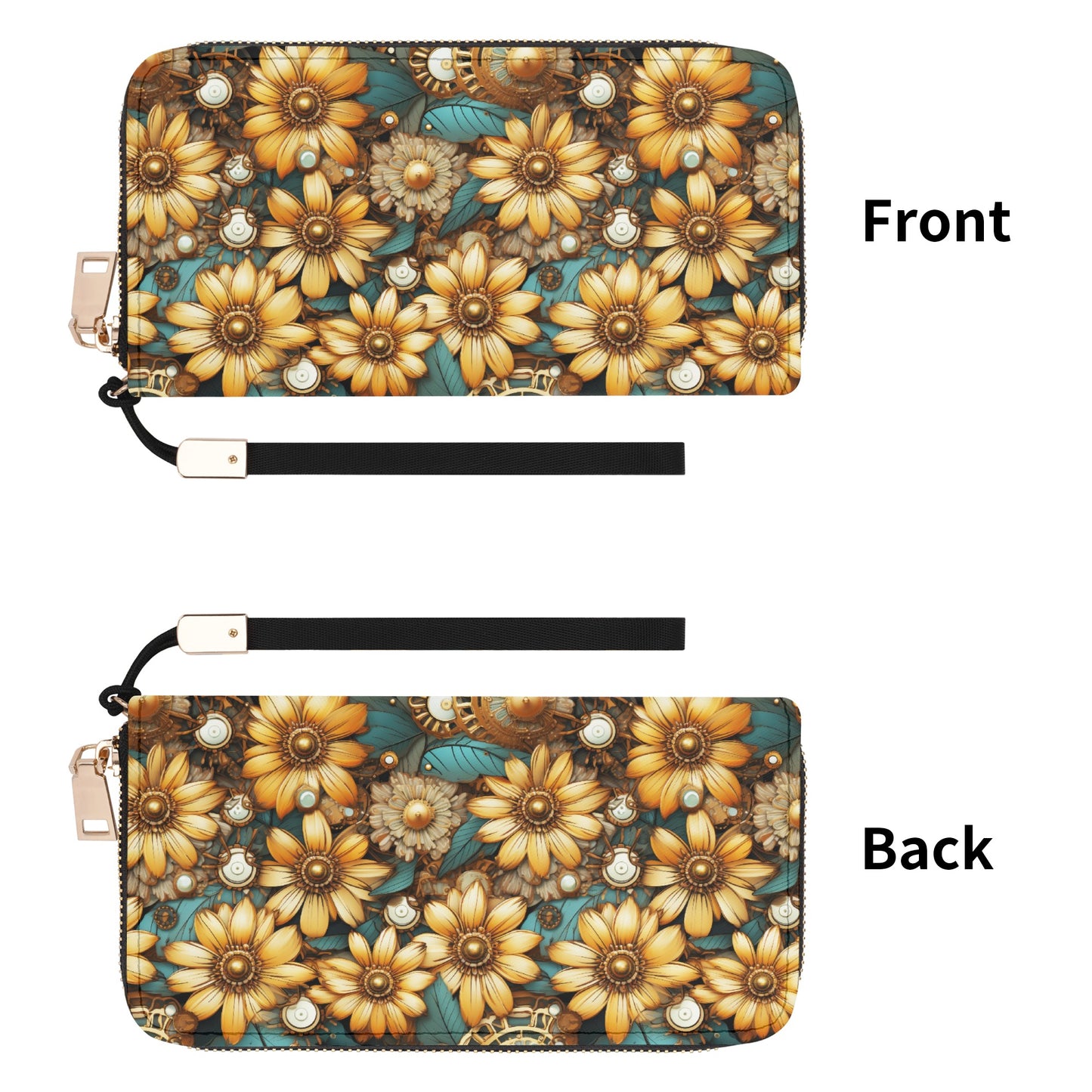 Victorian Steampunk Gold Flowers Teal Background with Gears and Mechanical Elements - Wristlet Wallet Leather (PU)