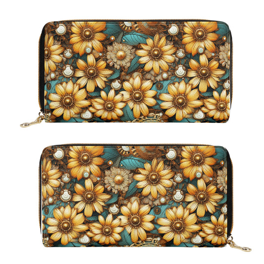 Victorian Steampunk Gold Flowers Teal Background with Gears and Mechanical Elements Leather Wallet (PU)