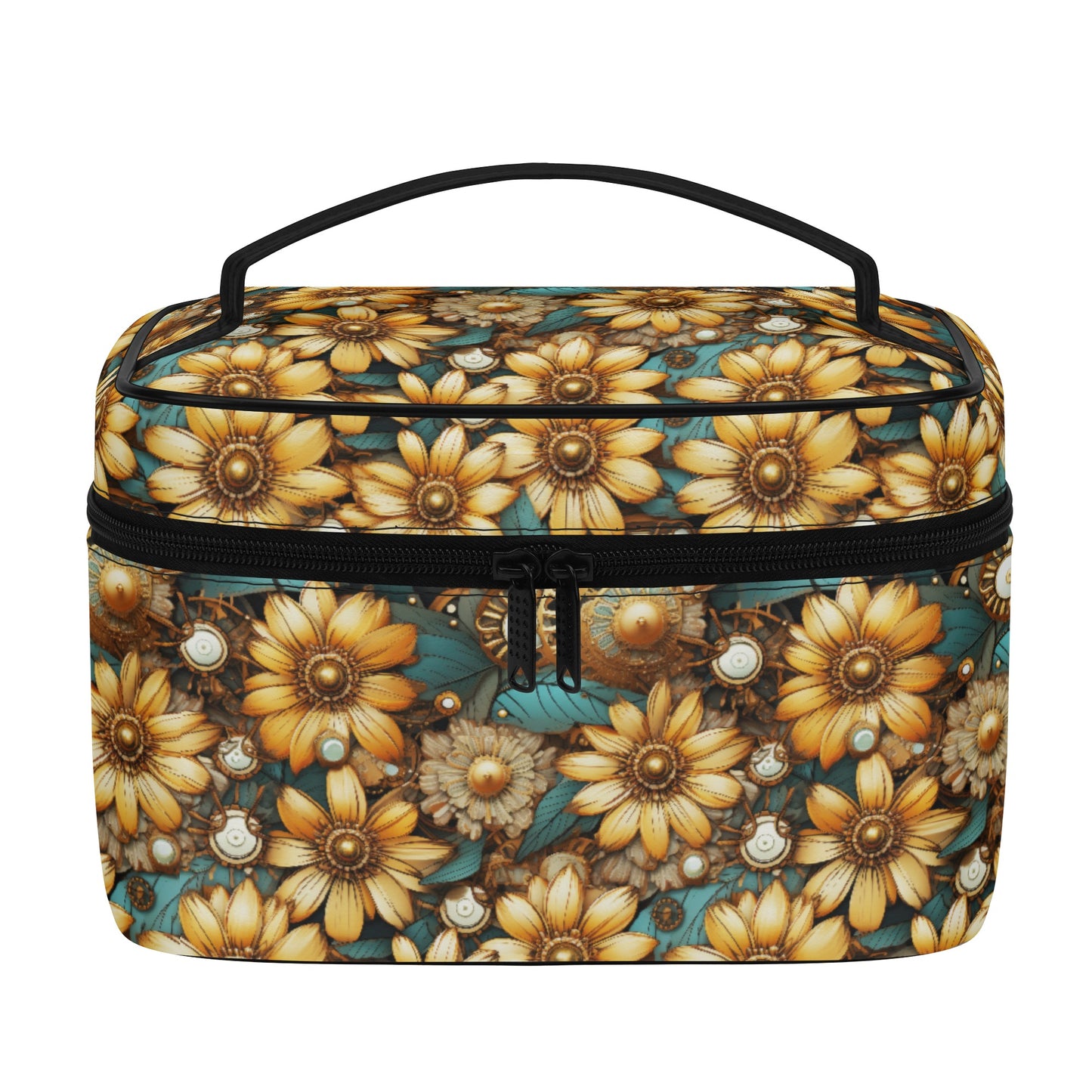 Victorian Steampunk Gold Flowers Teal Background with Gears and Mechanical Elements - Cosmetic or Toiletry Bag Faux Leather (PU)