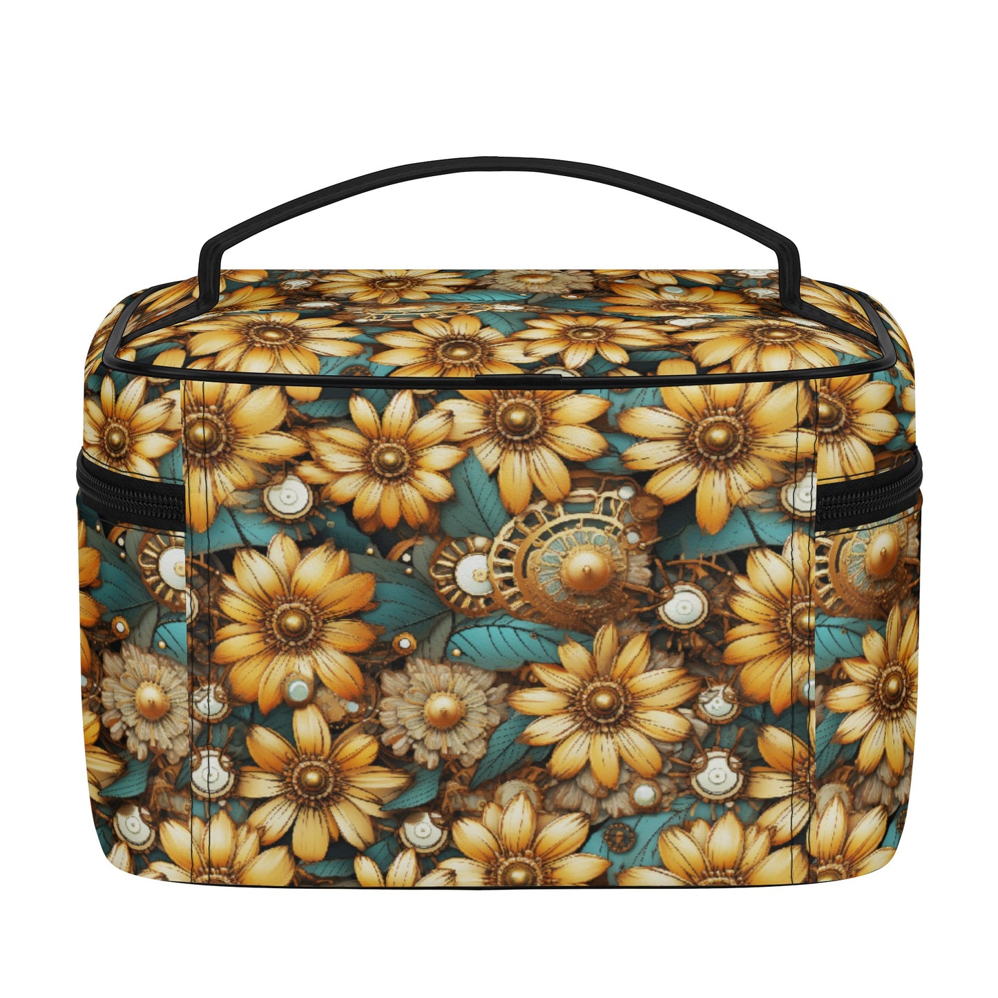 Victorian Steampunk Gold Flowers Teal Background with Gears and Mechanical Elements - Cosmetic or Toiletry Bag Faux Leather (PU)