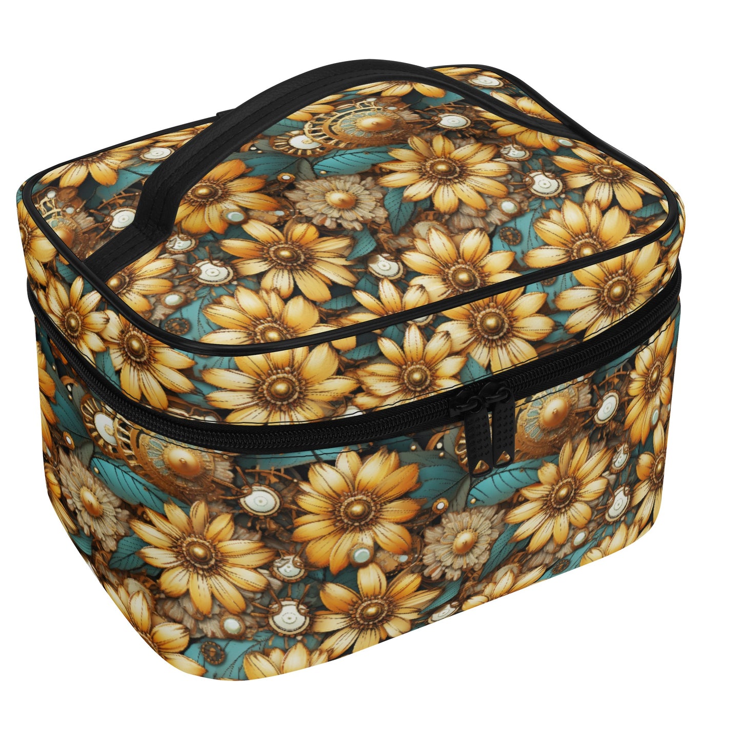 Victorian Steampunk Gold Flowers Teal Background with Gears and Mechanical Elements - Cosmetic or Toiletry Bag Faux Leather (PU)