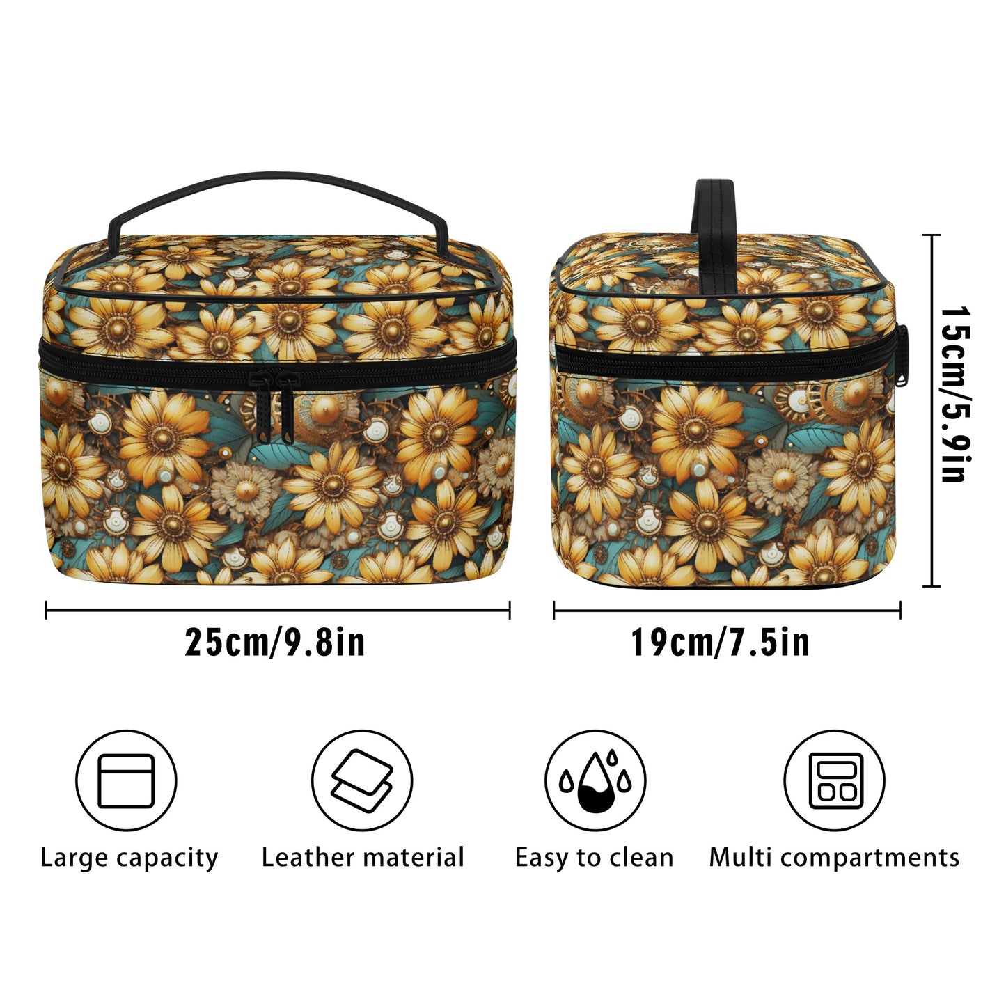 Victorian Steampunk Gold Flowers Teal Background with Gears and Mechanical Elements - Cosmetic or Toiletry Bag Faux Leather (PU)